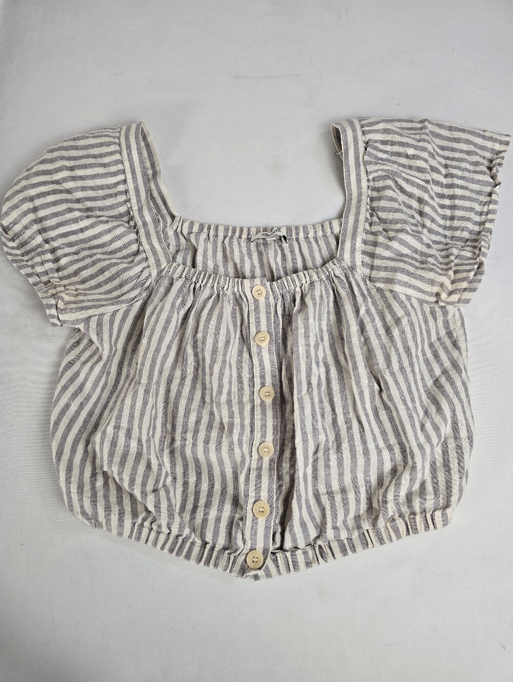 Madewell Flutter Sleeve Button Front Crop Top in Stripe Hemp Cotton Blend